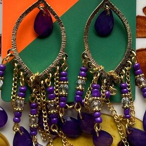 NEW
 Purple Dangle Handmade Long Beaded Gold Waterdrop Tassel Earrings